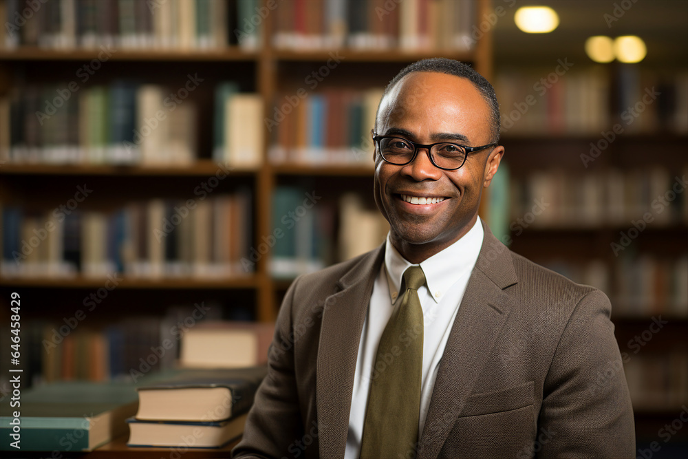 Generative AI photo of handsome happy man professional instructor scientist against a library bookshelf background Generative AI photo of handsome happy man professional instructor scientist against a library bookshelf background