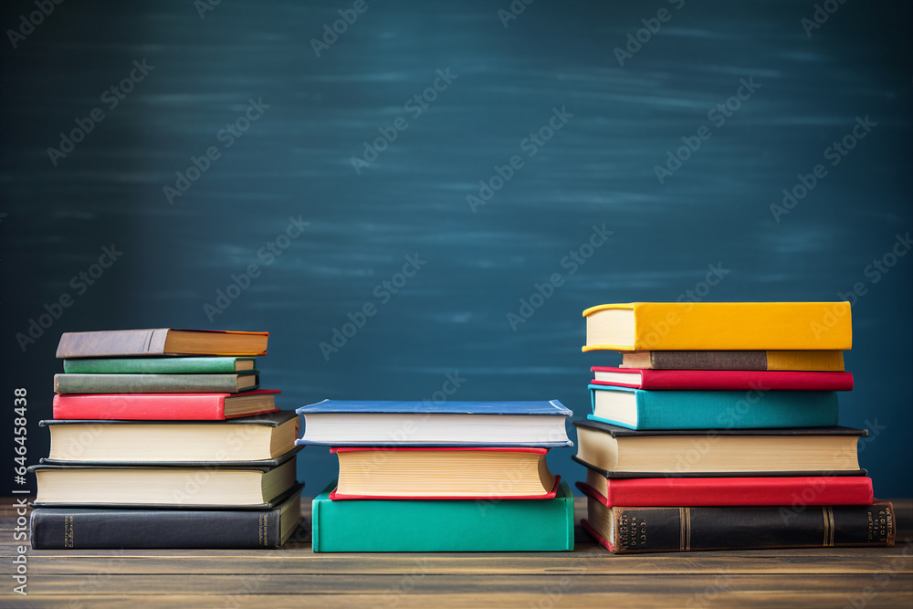 Modern generative AI image of book on the desk in front of the blackboard education and reading learning concept Modern generative AI image of book on the desk in front of the blackboard education and reading learning concept