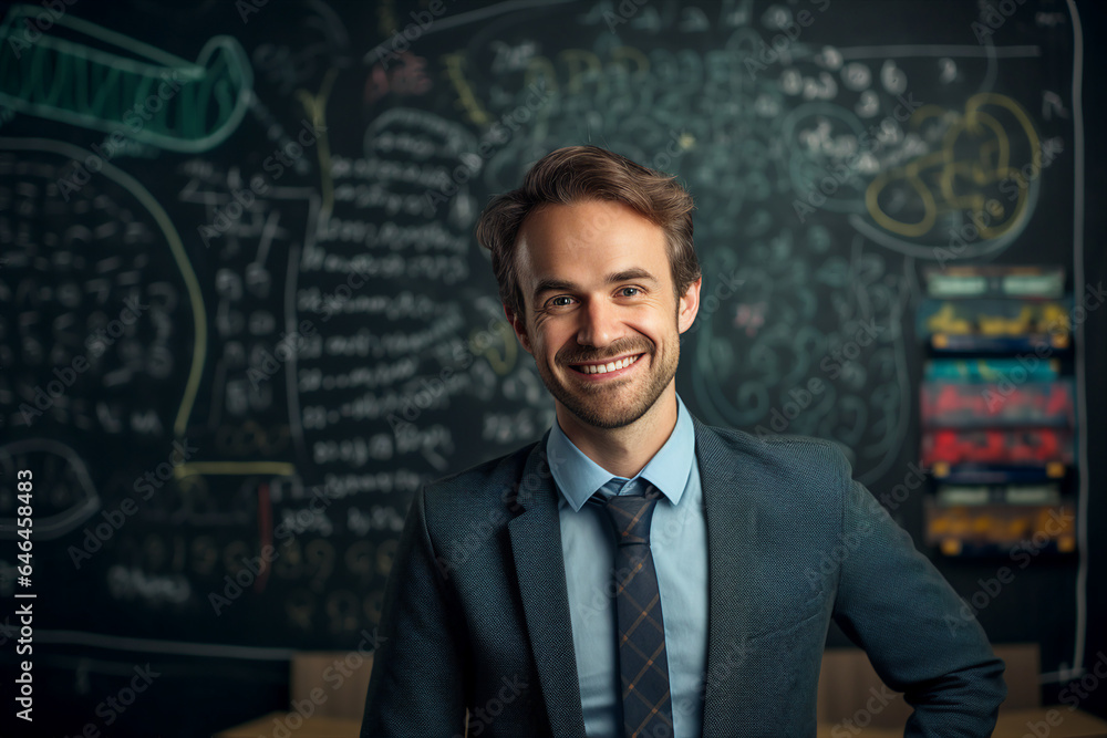 Photo of professional school teacher standing in class room in front of chalkboard with mathematical formulas generative AI Photo of professional school teacher standing in class room in front of chalkboard with mathematical formulas generative AI