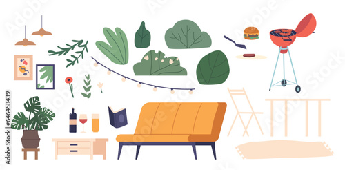 Set of Icons, Isolated Couch, Book, Barbecue Grill and Table with Chair Bushes, Houseplant, Light Garland