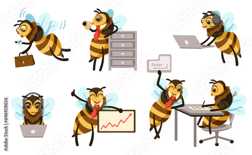 Cartoon office bees. Busy bee mascot for customer service or support. Honey bee with laptop computer vector illustration set