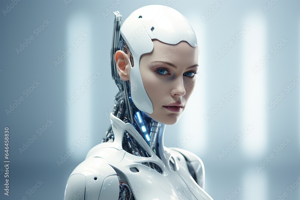 Portrait of a robot in a white futuristic interior,Artificial intelligence concept.Generative Ai Portrait of a robot in a white futuristic interior,Artificial intelligence concept.Generative Ai