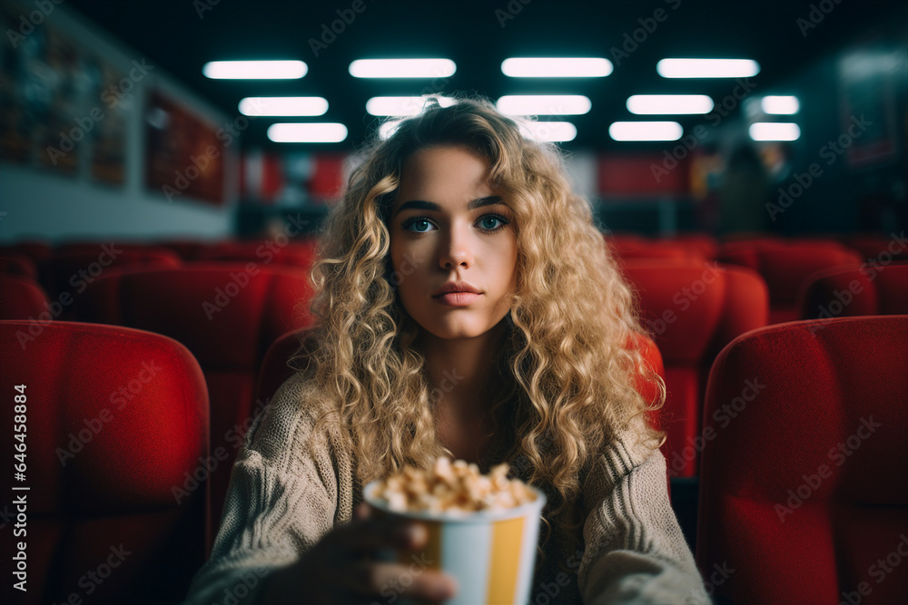 Generative AI technology illustration young student person watching cinema premiere movie have fun Generative AI technology illustration young student person watching cinema premiere movie have fun