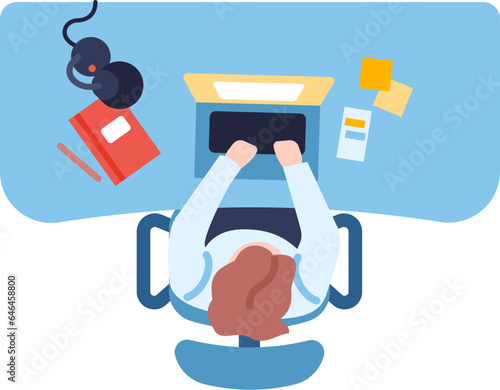 Workplace people top view. Woman working with computer. Employee sitting at table. Lamp and note on tabletop. PC screen and keyboard. Businessman at desk. Vector managers occupation