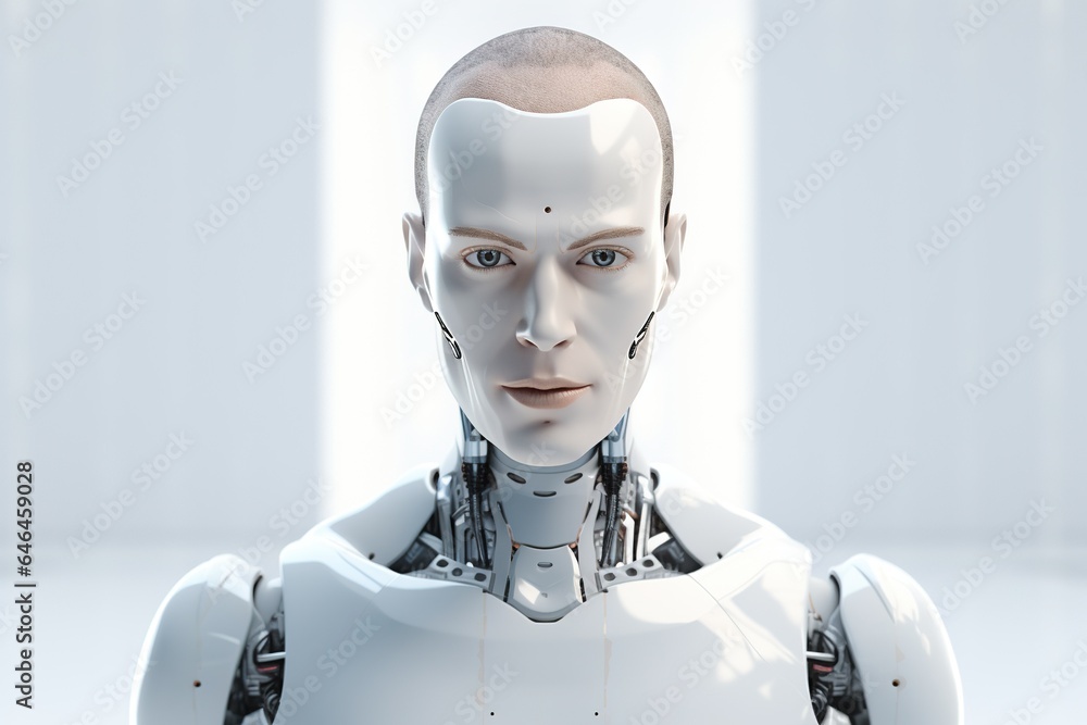 Portrait of a robot in a white futuristic interior,Artificial intelligence concept.Generative Ai Portrait of a robot in a white futuristic interior,Artificial intelligence concept.Generative Ai