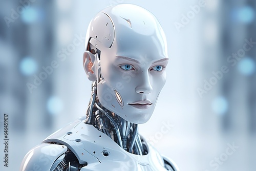 Portrait of a robot in a white futuristic interior,Artificial intelligence concept.Generative Ai