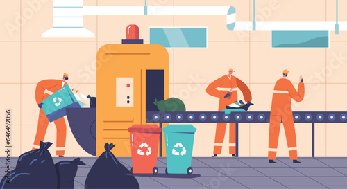 Worker Characters Processing Garbage On A Conveyor Belt, that Involves Automated Sorting, Separation