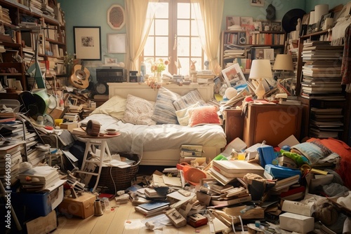 Messy house with cluttered room full of possessions that require organizing. Generative AI