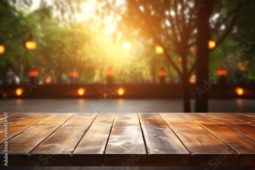 Wooden table in front of blurred background  with a view of warm light from outside through a large window. Generative AI
