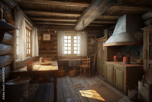 The Russian cabin had an empty interior with various elements, depicting an old kitchen in an illustration. Generative AI
