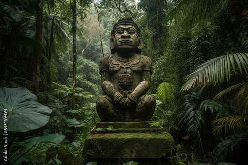 Enormous ancient guardian statue amidst lush rainforest. Generative AI