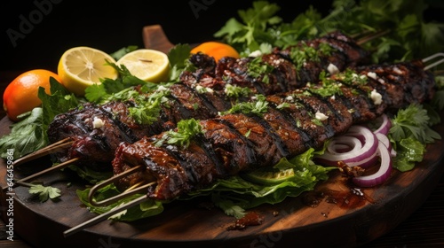 Grilled lula kebab with skewers on a plate of leaves and spices on the side view from above