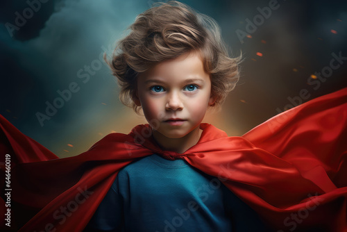 Child with superhero cape against a solid color background - Imagination and Bravery - AI Generated