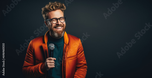 Comedian with a microphone against a solid color background - Humor and Entertainment - AI Generated