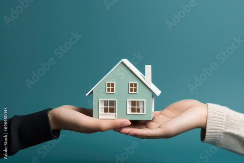 Hands holding a house model against a solid color background - Homeownership and Dream - AI Generated