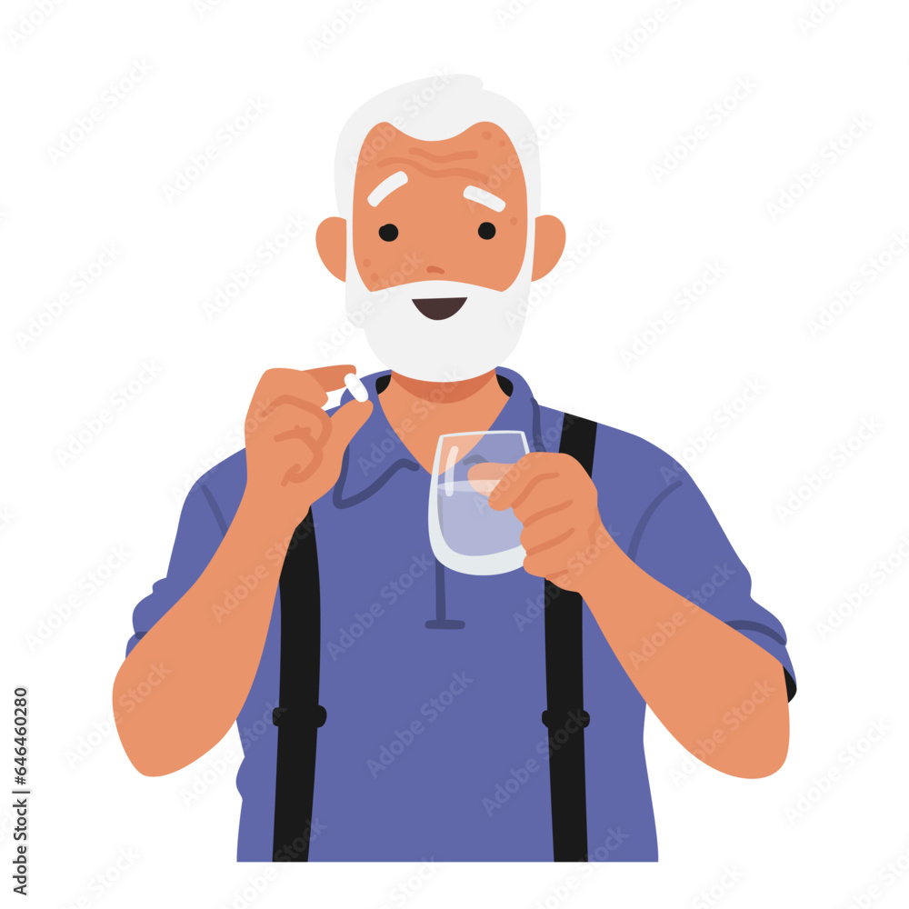 Φωτογραφία Elderly Man Clasping A Pill In One Hand, A Glass Of Water In The Other