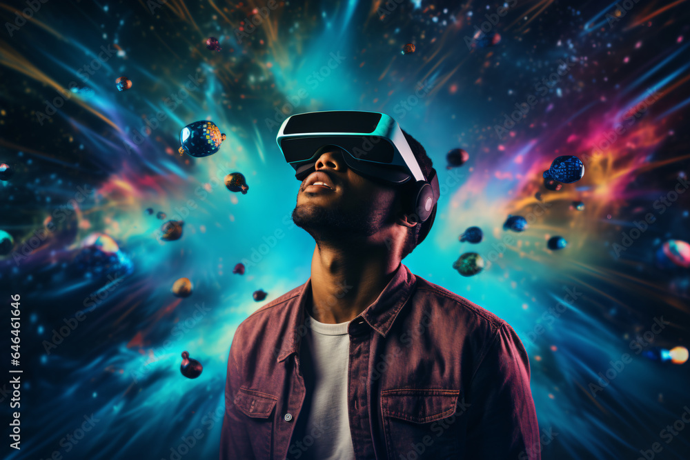 A young man is immersed in a virtual reality experience, wearing a VR headset and interacting with a digital world. A young man is immersed in a virtual reality experience, wearing a VR headset and interacting with a digital world.