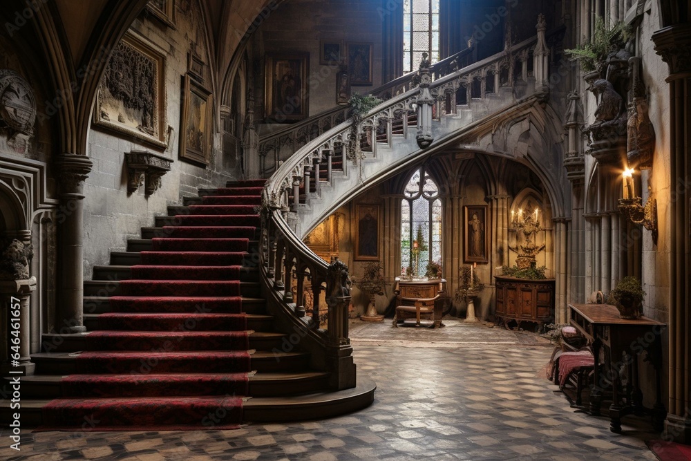 Medieval castle's grand staircase and hall. Generative AI