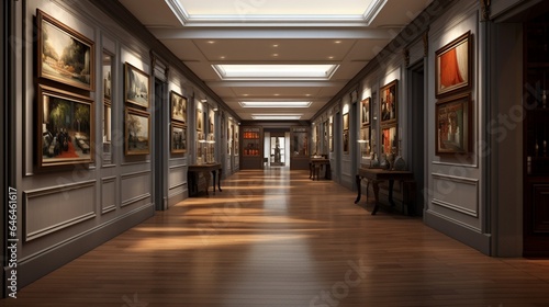 A hallway featuring recessed alcoves for displaying artwork photo