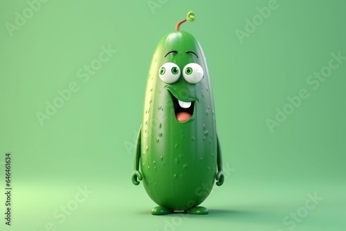 Adorable animated cucumber character on a plain backdrop. Generative AI