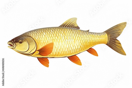 Colorful illustration of a large common carp, seen from the side with darkish yellow skin, isolated on white background. Generative AI