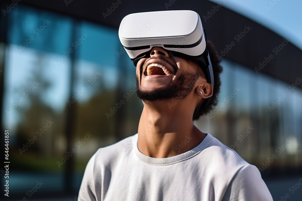 A young man is immersed in a virtual reality experience, wearing a VR headset and interacting with a digital world. A young man is immersed in a virtual reality experience, wearing a VR headset and interacting with a digital world.