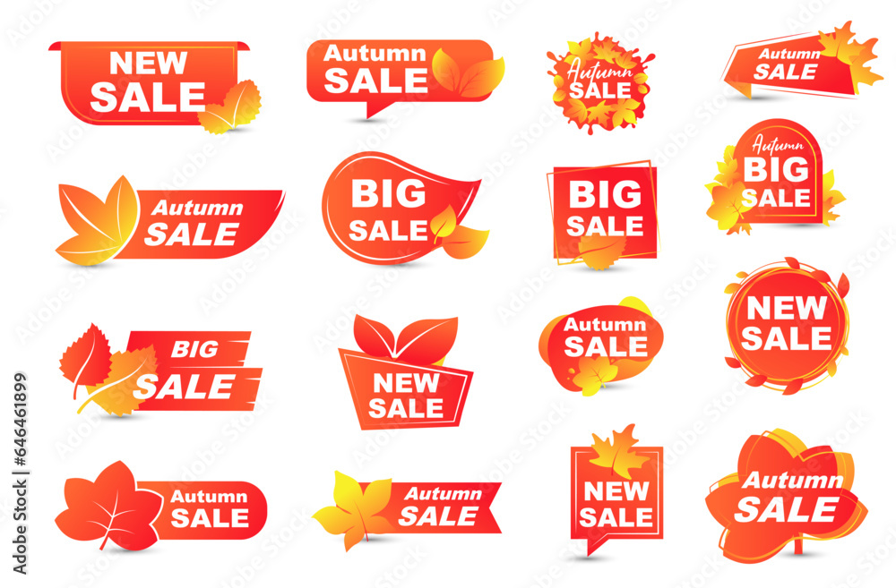 Labels, banners with autumn leaves. Set of vector elements for fall season discount, shop order, store sale