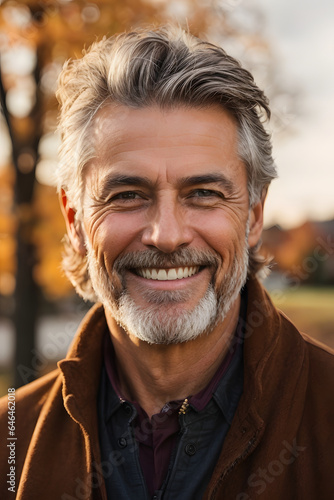 a closeup photo portrait of a handsome old mature man smiling with clean teeth in late autumn suset. Image created using artificial intelligence.