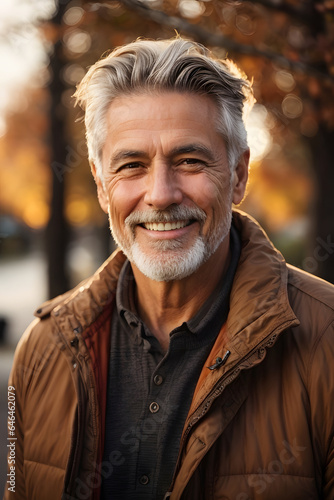 a closeup photo portrait of a handsome old mature man smiling with clean teeth in late autumn suset. Image created using artificial intelligence.