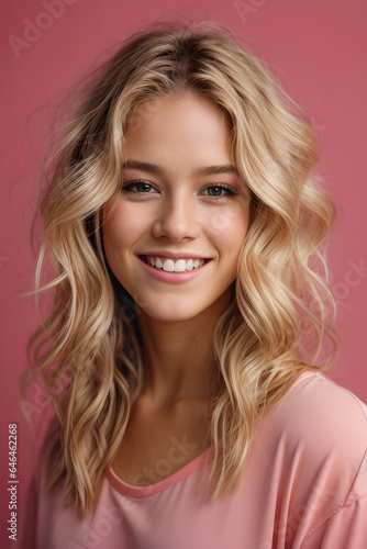 Photo of teen girl smiling portrait against pink background in studio, blonde long hair. Image created using artificial intelligence. © kapros76