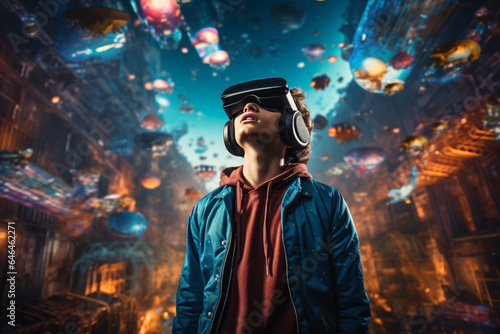 A young man is immersed in a virtual reality experience, wearing a VR headset and interacting with a digital world.