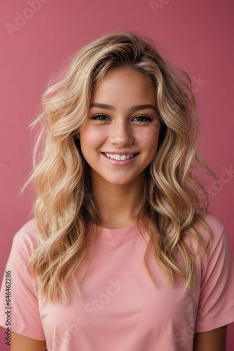 Photo of teen girl smiling portrait against pink background in studio, blonde long hair. Image created using artificial intelligence.