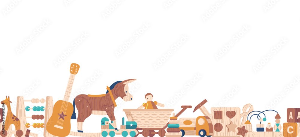 Fototapeta premium Seamless Pattern Featuring Handcrafted Wooden Toys, Showcasing Nostalgic And Playful Design In Warm, Earthy Tones