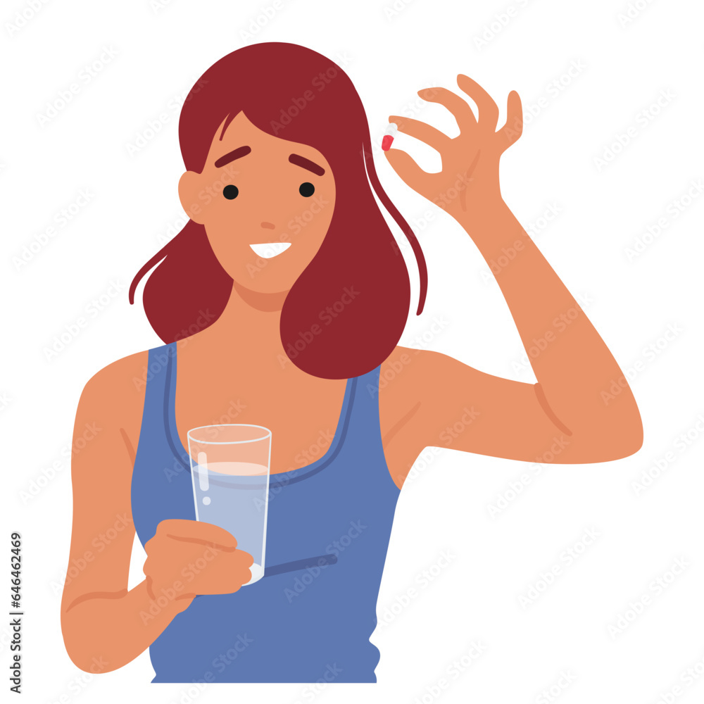 Young Cheerful Woman Delicately Holds A Pill In One Hand, While The Other Hand Lifts A Glass Of Water, Vector Young Cheerful Woman Delicately Holds A Pill In One Hand, While The Other Hand Lifts A Glass Of Water, Vector