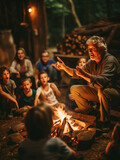 A Photo of a Senior Man Narrating Travel Tales to Intrigued Youngsters Around a Campfire