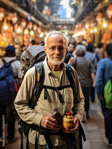 A Photo of a Senior Solo Traveler with a Backpack in a Busy Marketplace