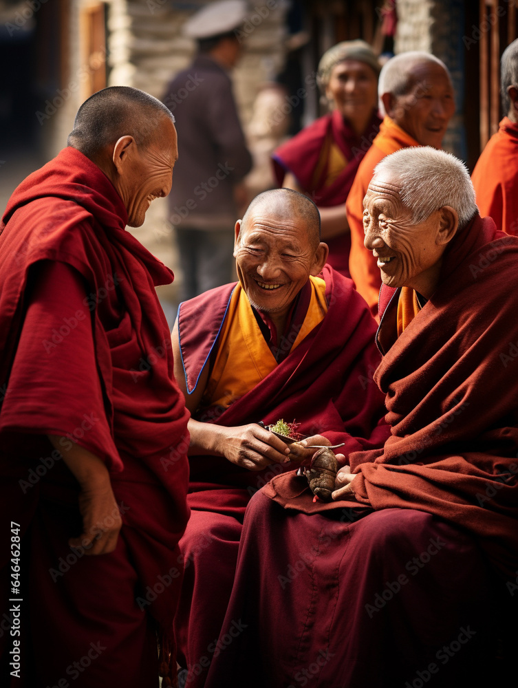 A Photo of Elderly Travelers Interacting with Monks in Tibet