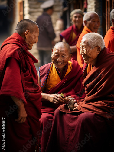 A Photo of Elderly Travelers Interacting with Monks in Tibet