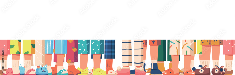 Fototapeta premium Playful And Charming Seamless Pattern Featuring Adorable Children Feet Stand In Row Snugly Adorned In Cozy Slippers