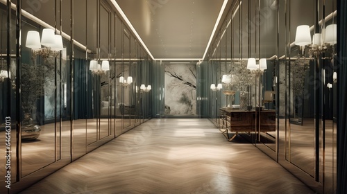A hallway with a mirrored accent wall to create the illusion of space