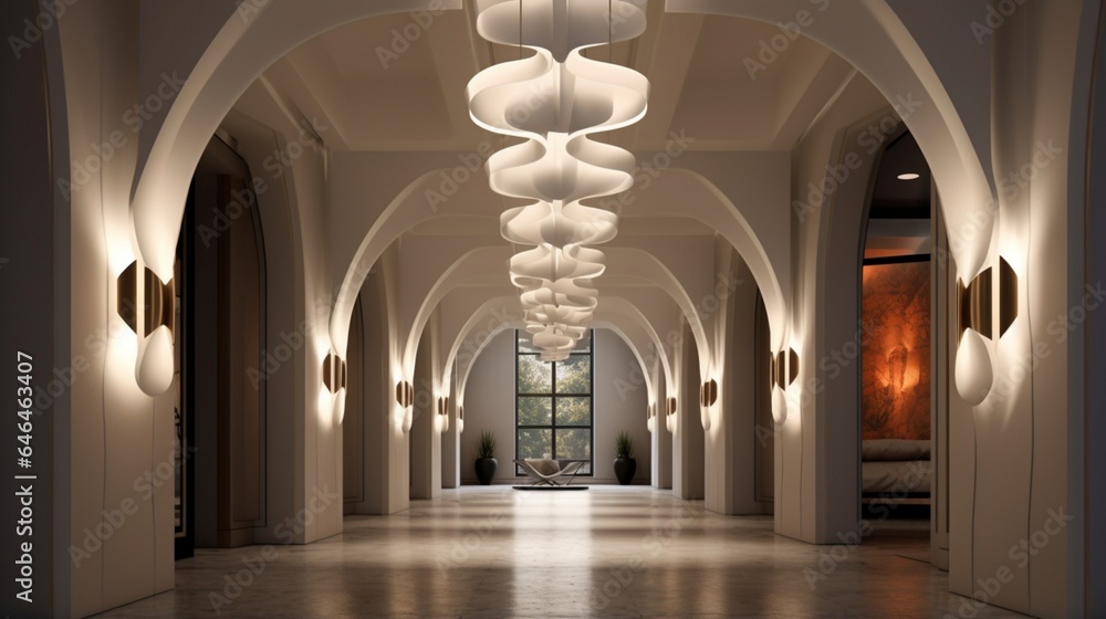 A hallway with a unique ceiling design and pendant lights