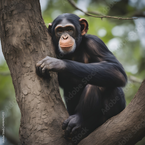 Chimpancé subido en un árbol  photo