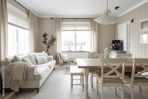 Farmhouse living and dining room in white and beige tones. Sofa, table, chairs, decor. Contemporary interior design. Generative AI