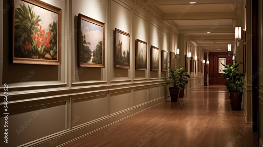 A hallway with an art display of framed botanical prints