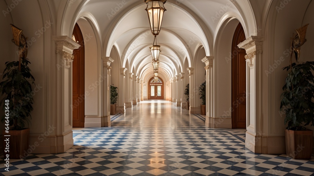 A hallway with arched doorways and mosaic tile flooring