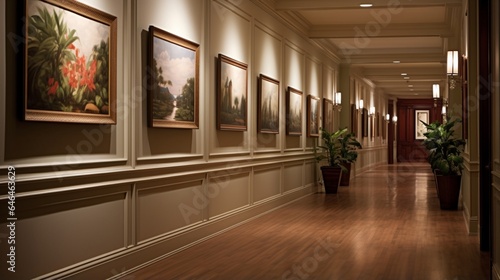 A hallway with an art display of framed botanical prints © Tahir