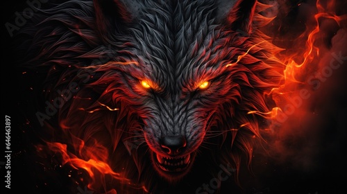 portrait of a black wolf in anger, grin, open mouth, red eyes, fiery background