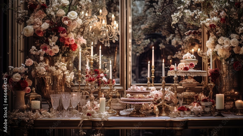 Luxurious wedding decoration, generated by AI - obrazy, fototapety, plakaty 