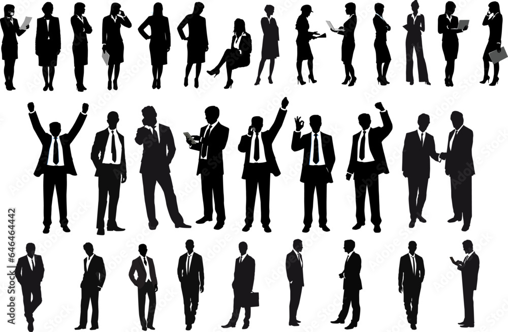 Business men silhouettes set in various poses. Group of business people. Flat vector illustrations. Lawyer, teacher, sales manager, boss, politician, broker, real estate agent. Business men silhouettes set in various poses. Group of business people. Flat vector illustrations. Lawyer, teacher, sales manager, boss, politician, broker, real estate agent.