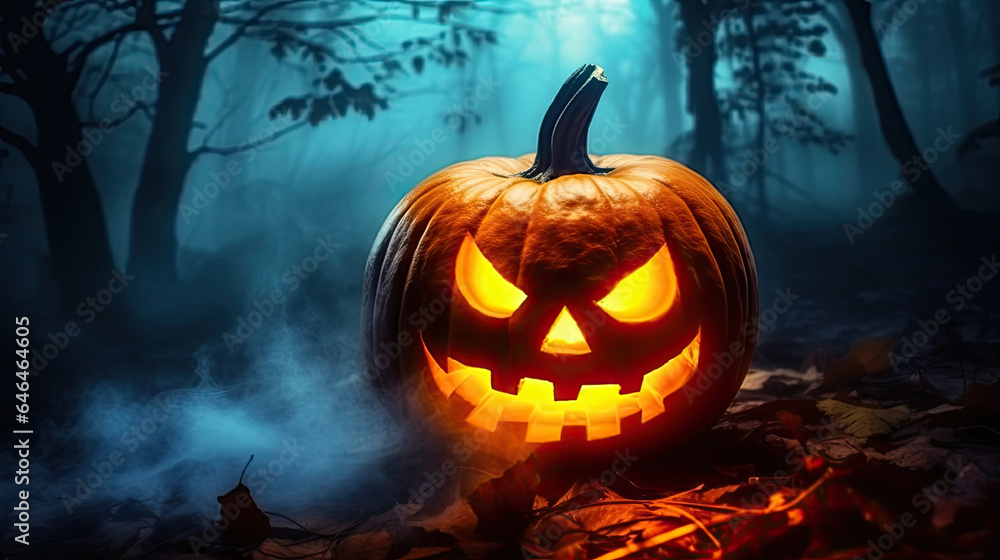 Scary halloween pumpkin in the dark forest at night. Scary halloween pumpkin in the dark forest at night.